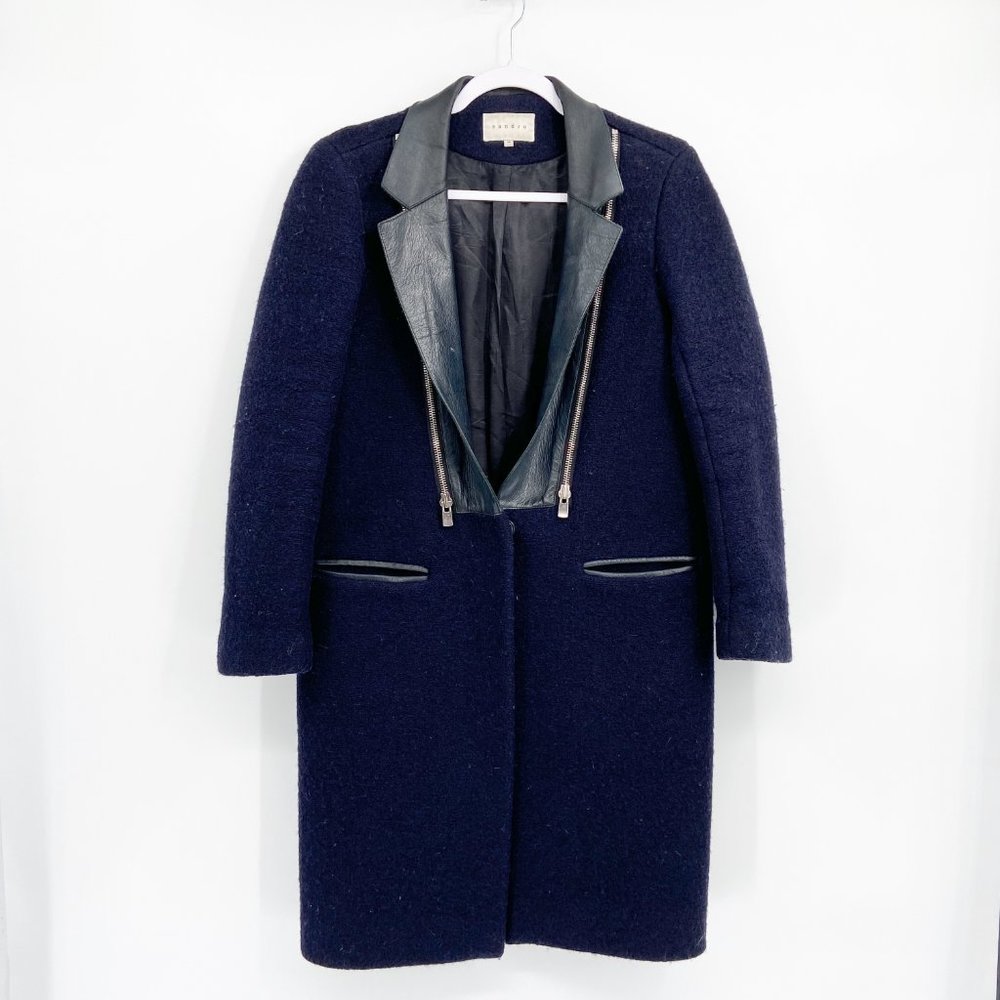 SANDRO Blue Wool Blend Coat Leather Zip Collar